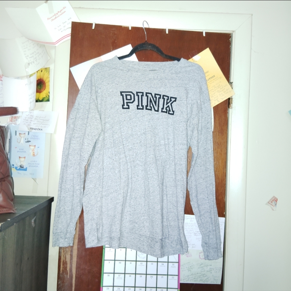 Victoria Secret PINK Grey Logo Long Sleeve Campus Tee - Medium - Picture 2 of 6